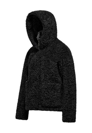 Giacca nera strutturata con cappuccio, cerniera frontale completa e due tasche laterali, mostrata su sfondo bianco.