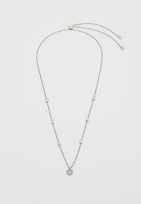 Silver chain necklace featuring sparkling stones, including a heart-shaped pendant at the center and adjustable sliding closure.