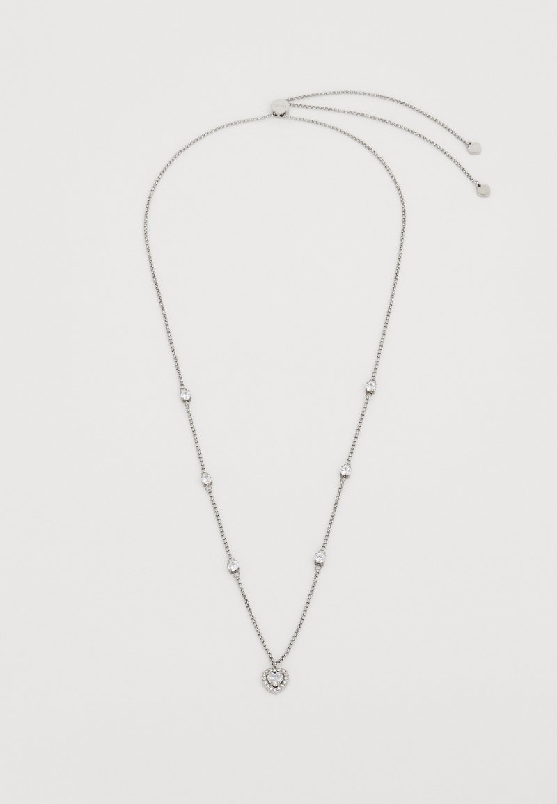 Silver chain necklace featuring sparkling stones, including a heart-shaped pendant at the center and adjustable sliding closure.