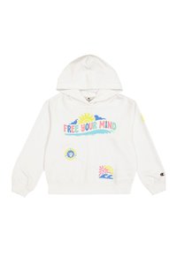 Felpa bianca con cappuccio caratterizzata da grafiche colorate, tra cui "LIBERA LA TUA MENTE", sole, onde e loghi circolari. Realizzata in tessuto morbido, ha una vestibilità casual.
