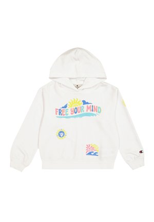 Felpa bianca con cappuccio caratterizzata da grafiche colorate, tra cui "LIBERA LA TUA MENTE", sole, onde e loghi circolari. Realizzata in tessuto morbido, ha una vestibilità casual.