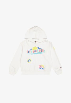 Sudadera blanca con capucha que presenta gráficos coloridos, incluyendo "LIBERA TU MENTE", sol, olas y logos circulares. Fabricada en tejido suave, de ajuste casual.