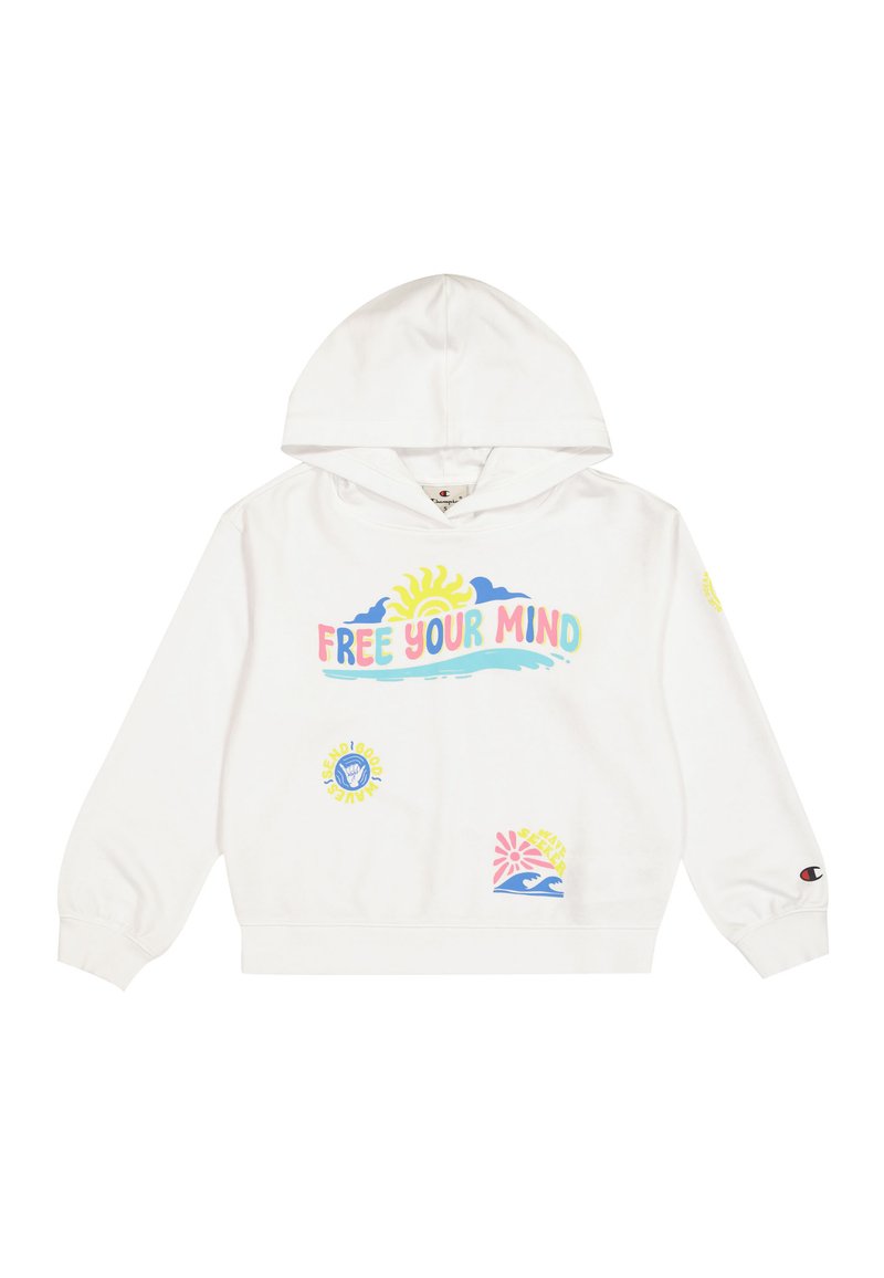 Felpa bianca con cappuccio caratterizzata da grafiche colorate, tra cui "LIBERA LA TUA MENTE", sole, onde e loghi circolari. Realizzata in tessuto morbido, ha una vestibilità casual.
