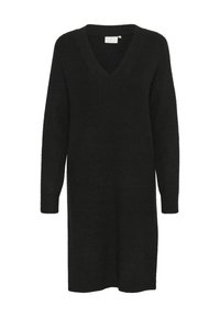 Robe en tricot noir avec un col en V, des manches longues et des poignets côtelés. Texture douce, coupe ample, longueur jusqu'au milieu des cuisses.