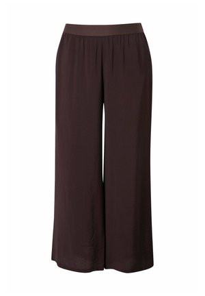 Wijdvallende broek van donkerbruin materiaal, met een elastische tailleband en een soepele textuur zonder merkbare patronen of hardware.