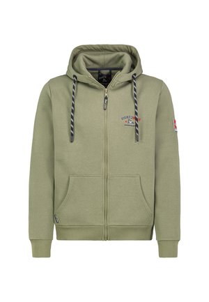 Olivgrüner Reißverschluss-Hoodie aus Baumwolle mit vorderen Taschen, verstellbaren Kordeln und gestickten Logodetails auf der Brust.