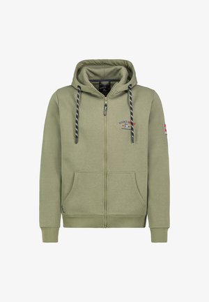 Olivgrüner Reißverschluss-Hoodie aus Baumwolle mit vorderen Taschen, verstellbaren Kordeln und gestickten Logodetails auf der Brust.