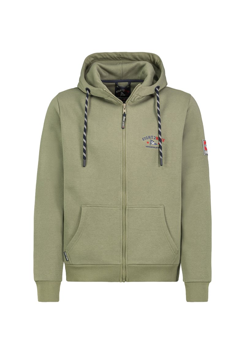 Olijfgroene rits-hoodie van katoen, met voorzakken, verstelbare koordjes en geborduurde logo-details op de borst.