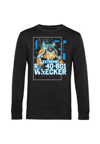 Schwarzes Langarm-Sweatshirt mit einem grafischen Aufdruck eines Cartoon-Roboters in Orange und Blau, mit dem Text "EXTREME R40-601 WRECKER."