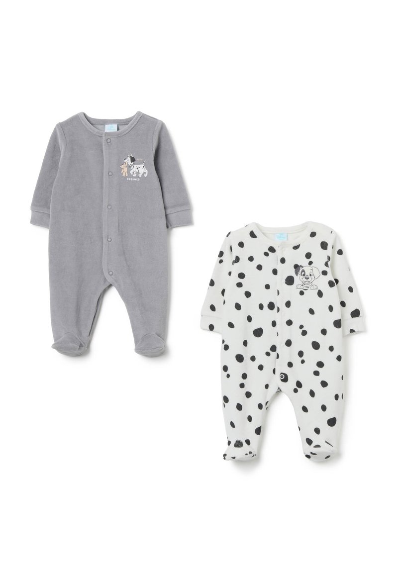 Monos de felpa gris con botones frontales y gráfico de animal; mono blanco con lunares negros y estampado de panda. Diseño de manga larga y con pies.