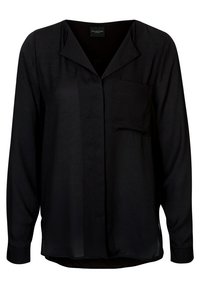 Blusa nera a maniche lunghe con una texture morbida, colletto a V, taschino frontale e chiusura a bottoni, caratterizzata da un orlo leggermente curvo.