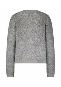 Lichtgrijze longsleeve trui van een gestructureerde, krullende breiselstof met geribde manchetten, halslijn en zoom, getoond vanaf de achterkant.