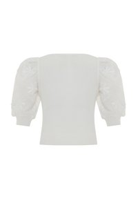Maglione bianco con maniche a sbuffo, caratterizzato da ricami floreali. Tessuto a maglia con orlo e polsini a coste. Visibile la vista posteriore.