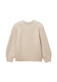 Pull couleur crème avec un aspect texturé, manches raglan et ourlet côtelé. Le tissu semble doux et duveteux. Pas de fermetures visibles.