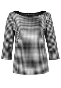 Zwart-wit houndstooth-patroon top met driekwartmouwen en een wijde halslijn, gemaakt van een textuurgebreide stof.