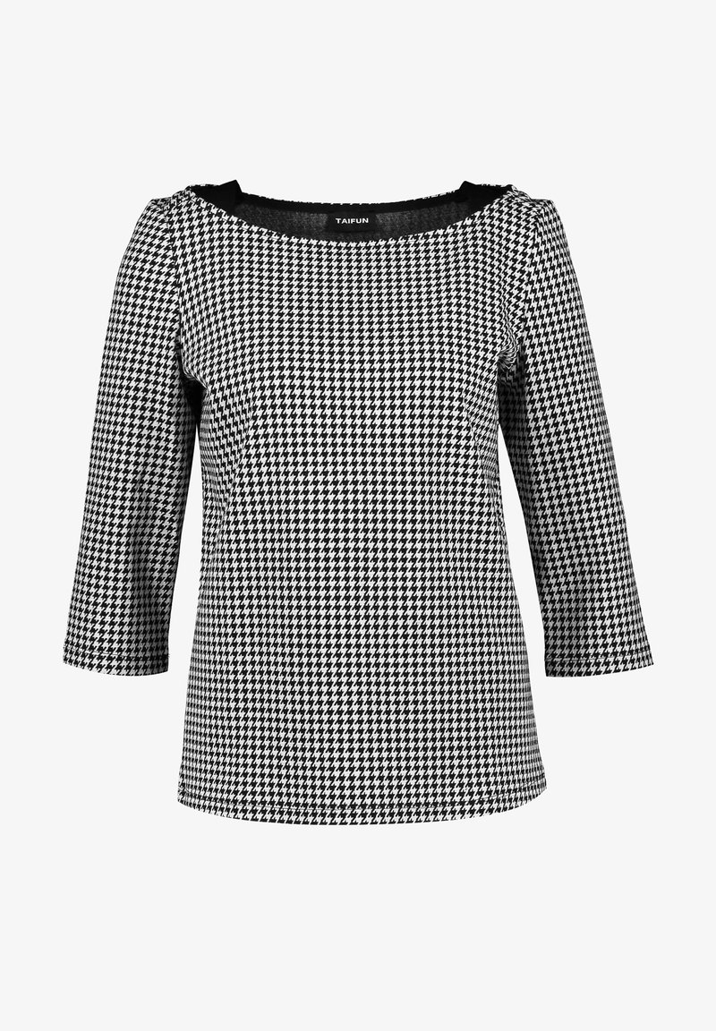 Zwart-wit houndstooth-patroon top met driekwartmouwen en een wijde halslijn, gemaakt van een textuurgebreide stof.