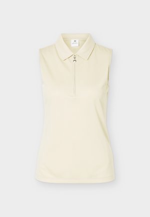 Αμάνικο κρεμ τοπ με γιακά και μπροστινό φερμουάρ, κατασκευασμένο από ελαφρώς υφασμένο ύφασμα.