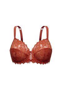 Laced red bra with a floral pattern, smooth cups, and adjustable straps. Features a decorative center front with a crisscross design.