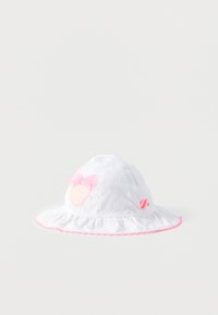 Λευκό παιδικό καπέλο για τον ήλιο με ροζ περίγραμμα και ροζ καρδιά κεντημένη με φιόγκο στη μία πλευρά.
