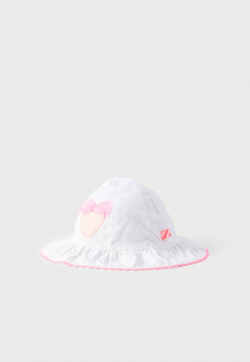Λευκό παιδικό καπέλο για τον ήλιο με ροζ περίγραμμα και ροζ καρδιά κεντημένη με φιόγκο στη μία πλευρά.