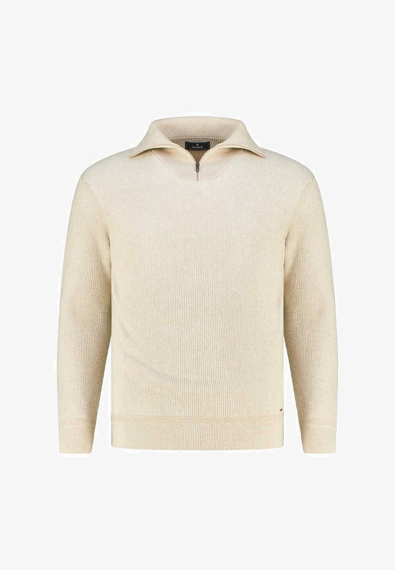 Beige knitted pullover with long sleeves, half-zip collar, and ribbed cuffs and hem.