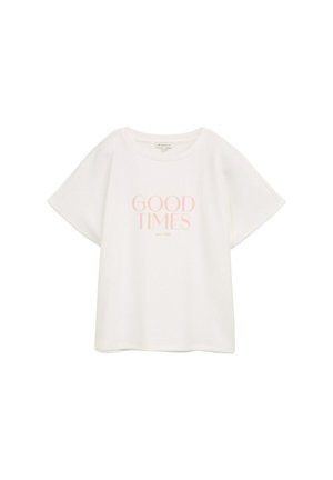 Vit bomull t-shirt med korta, vida ärmar. Har texten "GOOD TIMES" i ljusrosa, centrerad framtill. En enkel, avslappnad design.