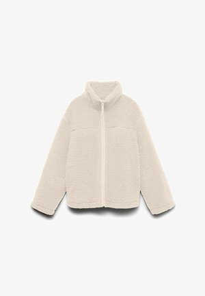 Sherpa-fleece jas in ivoorkleur met lange mouwen, opstaande kraag en ritssluiting aan de voorkant.