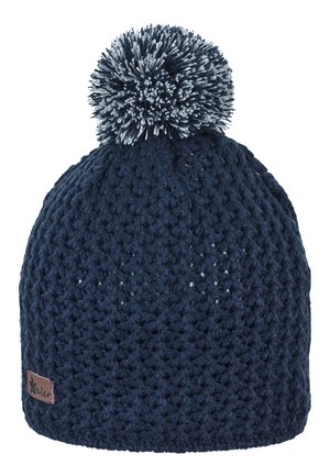 Berretto a maglia blu navy con motivo strutturato e maxi pon pon bicolore sulla sommità, con una piccola etichetta di stoffa marrone sul lato.