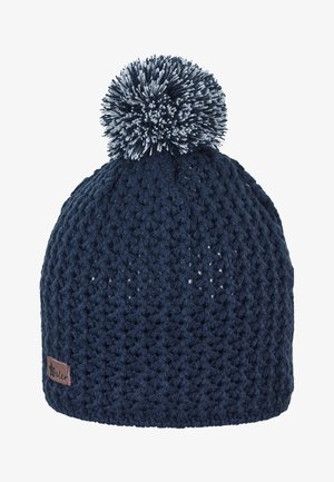 Berretto a maglia blu navy con motivo strutturato e maxi pon pon bicolore sulla sommità, con una piccola etichetta di stoffa marrone sul lato.