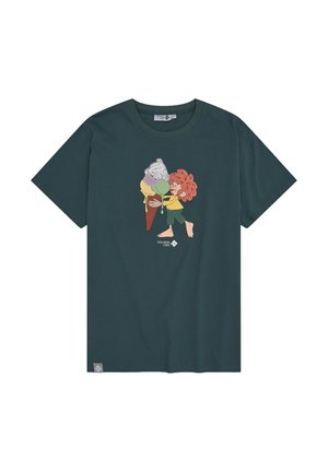 Dark green t-shirt with a cartoon character holding a large multi-scoop ice cream cone in the center front.