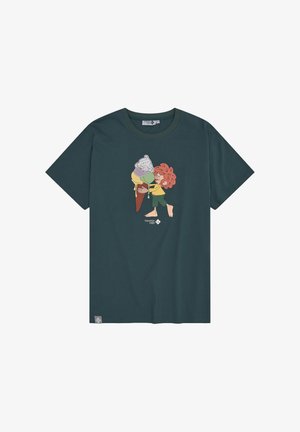 Dark green t-shirt with a cartoon character holding a large multi-scoop ice cream cone in the center front.