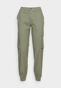 Khaki cargo-housut elastisilla lahkeilla, joissa on sivutaskut, etuvetoketju ja sileä, kevyt kankaan texture.
