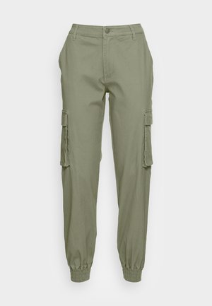 Khaki cargo pants with elastic cuffs, featuring side pockets, a front button closure, and a smooth, lightweight fabric texture.