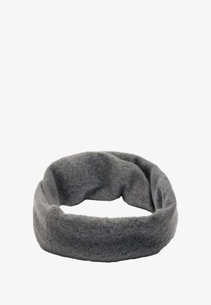 Szara, dziana opaska na głowę z miękkiej wełny, o okrągłym, ciągłym kształcie i teksturowanej powierzchni, bez widocznych elementów eksploatacyjnych.