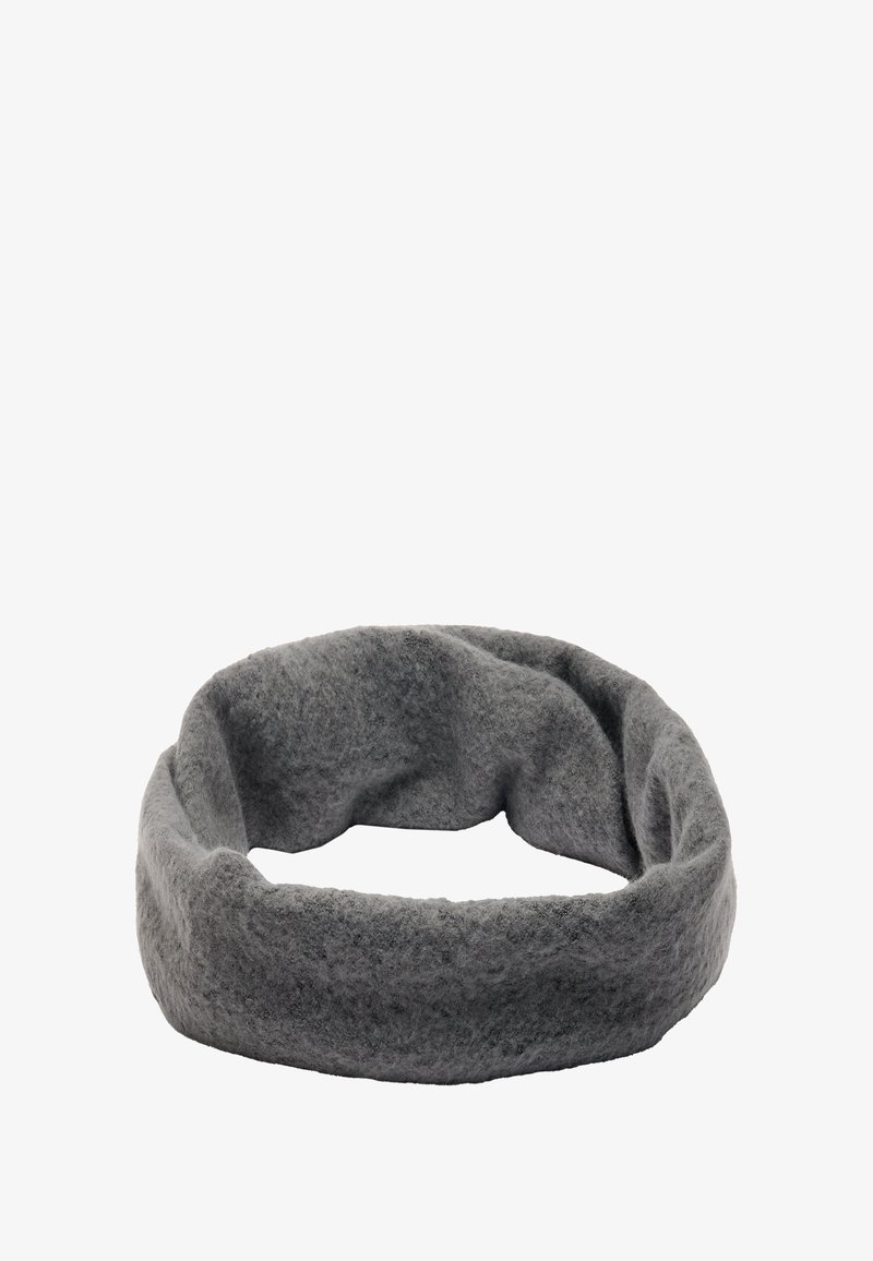 Szara, dziana opaska na głowę z miękkiej wełny, o okrągłym, ciągłym kształcie i teksturowanej powierzchni, bez widocznych elementów eksploatacyjnych.