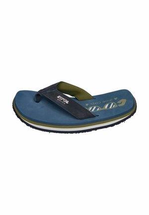Blauer und olivgrüner Flip-Flop mit dicker Sohle, gepolsterten Riemen und bedruckter Sonnenbrillengrafik auf dem Fußbett.
