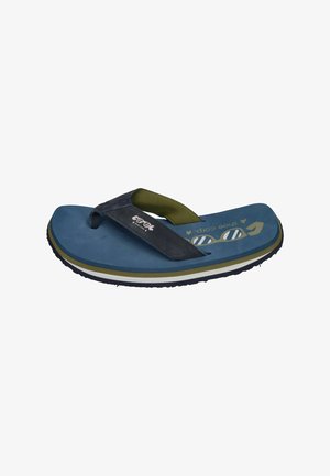 Blue and olive green flip-flop sandal with a thick sole, padded straps, and printed sunglasses graphic on the footbed.
