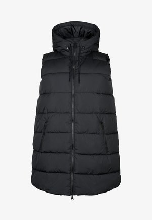 Black sleeveless puffer vest with a high neck, zip closure, and two side pockets. Features a quilted design and adjustable drawstring hood.