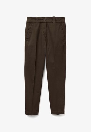 Brown cotton trousers with a tapered cut, featuring two front pockets, a button closure, and belt loops. Smooth texture, no patterns.