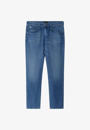 Straight-fit blauwe spijkerbroek met voorzakken, riemlussen en vervaagde details op de dijen en knieën.