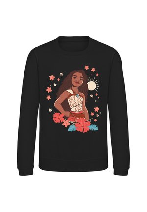 Sort sweatshirt med grafik af en selvsikker pige iført en blomsterkjole, omgivet af lyserøde blomster, blå blade og en solform.