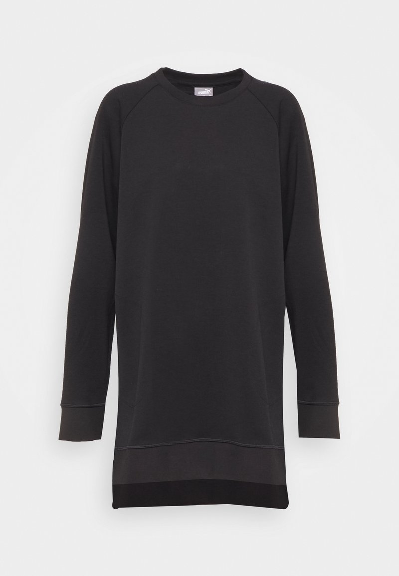 Black sweatshirt with long raglan sleeves, crew neck, and ribbed cuffs. Features a rounded hem and minimal stitching details. Soft texture.