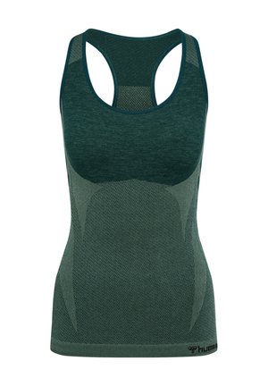 Green athletic tank top with a racerback design, featuring textured material and various knitted patterns. Logo at the bottom hem.