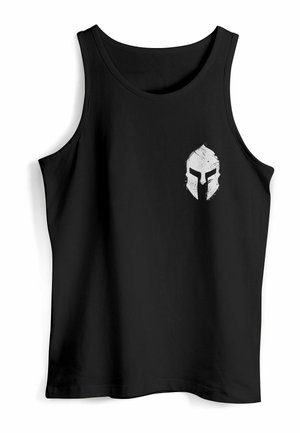 Schwarzes Tanktop aus Baumwolle mit einem weißen Spartanerhelmsymbol auf der Vorderseite, mit glatter Textur und rundem Halsausschnitt.