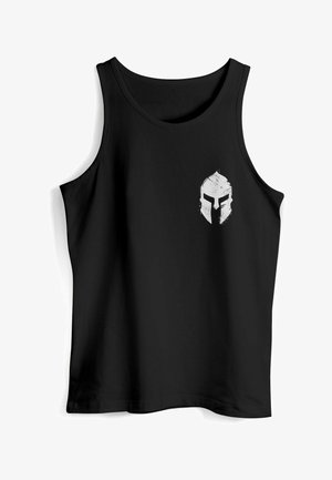 Schwarzes Tanktop aus Baumwolle mit einem weißen Spartanerhelmsymbol auf der Vorderseite, mit glatter Textur und rundem Halsausschnitt.