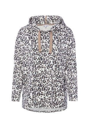 Hoodie met lange mouwen met beige en donkergrijze luipaardprint en beige trekkoorden aan de capuchon, maat small.