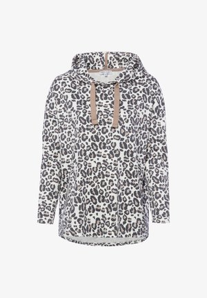 Hoodie met lange mouwen met beige en donkergrijze luipaardprint en beige trekkoorden aan de capuchon, maat small.