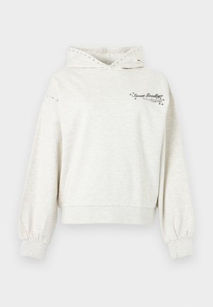 Heledast hall kapuutsiga pusa metallist õmblustega kapuutsil ja varrukatel, millel on rinnal tekst "Sweet Goodbye" ja tähekujundid.