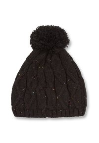 Čierna pletená čiapka s kabelovým vzorom, na ktorej sú farebné škvrny a nadýchaný pom-pom na vrchu. Rúbkovaný lem na spodnej strane.
