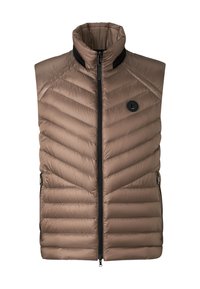 Leichte, braune Steppweste mit Chevron-Steppung, hohem Kragen, Frontreißverschluss und zwei seitlichen Reißverschlusstaschen.